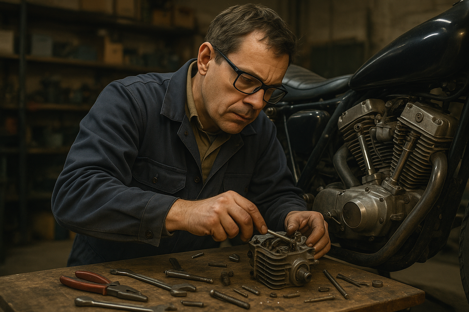 Teacher working on motorcycle engine